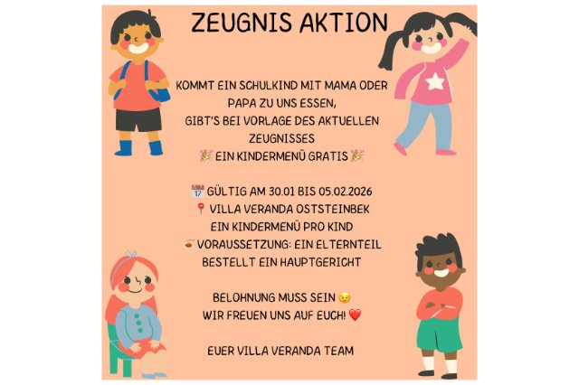 Zeugnisaktion in Oststeinbek – Kinderessen gratis in der Villa Veranda